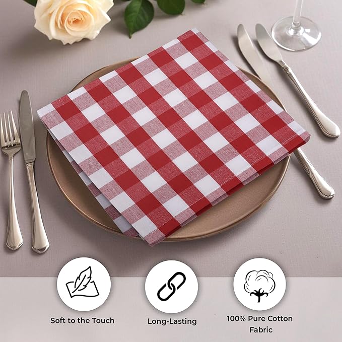 Cloth Dinner Napkins Set of 12, Square Red and White Checkered 100% Cotton