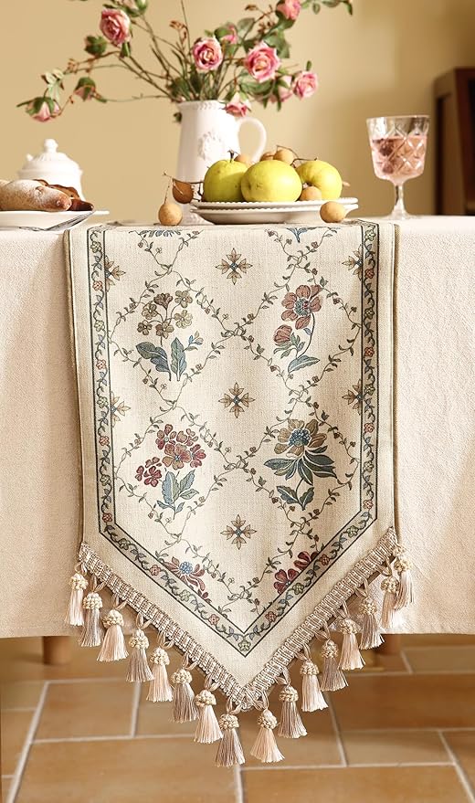 patdrea Designer Vintage Floral Linen Table Runner 71 Inch Long, Beige Cottage Rustic Bouquets Pattern Table Mat,Decor for Kitchen Dining Coffee Table Shelf Cabinet Banquet Christmas ,12"*71"