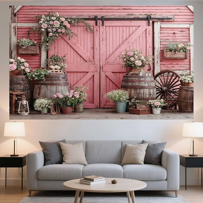 6x4ft Country Wedding Pink Photography Backdrop Rustic Wooden Barn Door Photography Backdrop Farmhouse Flower Western Girl Birthday Baby Shower Wedding Bridal Party Banner Photo Booth Props Background