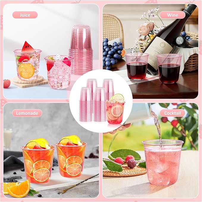 Cups 100 Count 12 oz Pink Disposable Plastic Wine Glasses