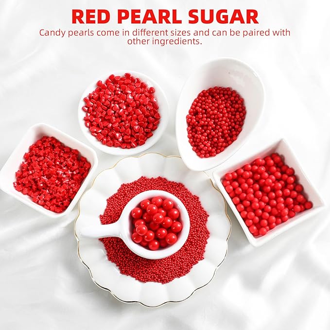 Kasvan Red Pearl Sprinkles, 6 Sizes Mix for Cake Decorating, 230g/8.1oz, Baking Cake Decorations, Ice Cream Toppings and Cookie Decorating, Wedding Party Chirstmas Supplies (Red)