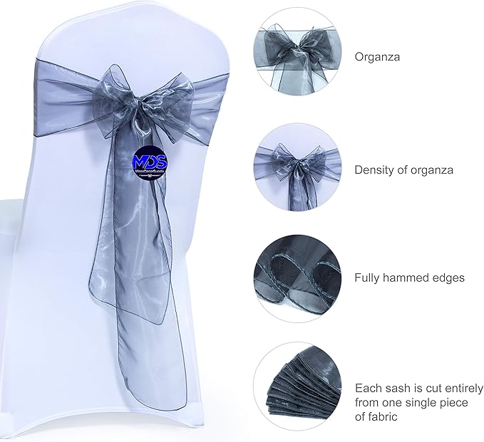 MDS Pack of 25 PCS Organza Chair Sashes Wider Dining Chair Bows Ribbon Tie Back for Wedding Party Birthday Bridal Shower Reception Event Banquet Home Chair Cover Decoration - Silver Gray