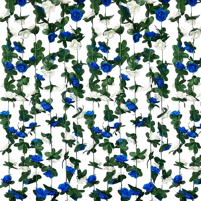 16Pcs 126Ft Royal Blue&White Rose Garland, Fake Rose Hanging Flowers, Artificial Flower Vine, Hanging Floral Vine Garland for Wedding, Wall Arch, Halloween, Christmas Garden Backdrop Decor