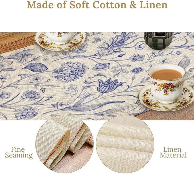 Monochrome Sketch Flowers Table Runner, Seasonal Spring Fall Plants Blue Florals Dinner Runner for Home Kitchen Dining Table Party Holiday Decoration 13"x36"