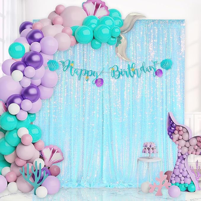 Blue Iridescent Sequin Backdrop 8ft x 8ft Glitter Photo Booth Black Backdrop Curtains