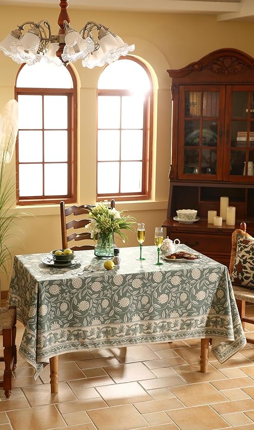 Tablecloth 55 x 71 Inch Rectangular, Grayish Green Linen-Blend Floral