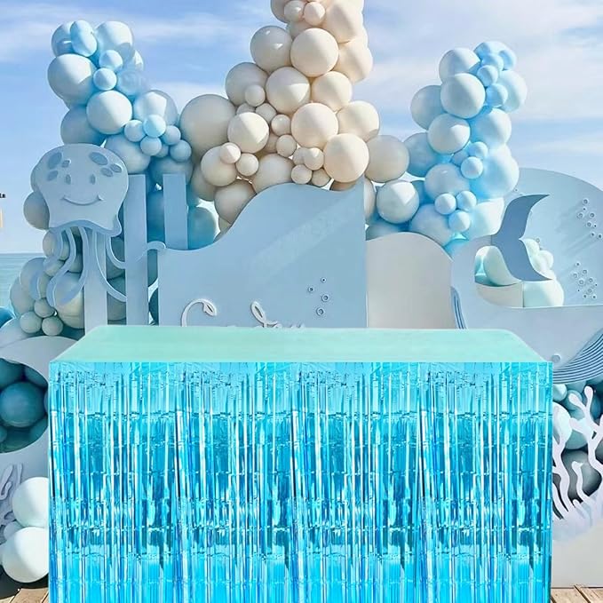 Light Blue Streamers Party Decorations, 2 Packs Ocean Blue Table Skirts Metallic Foil Fringe Tinsel for Birthday Under The Sea Shark Boy Baby Shower Winter Party Supplies -29x108Inch