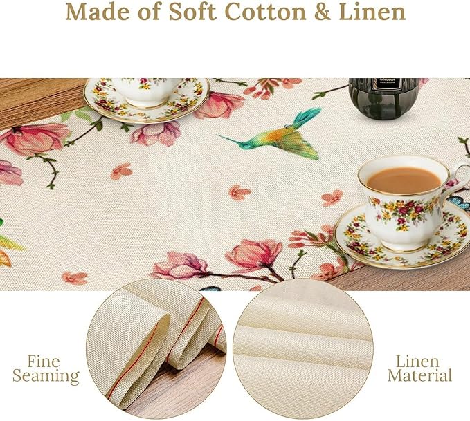 Vintage Watercolor Flower Hummingbird Table Runner Seasonal Spring Garden Plants Birds Florals Farmhouse Country Kitchen Dinner Runner Dining Table Decoration 13"x120"