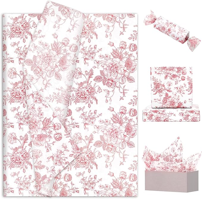 JarThenaAMCS 100 Sheets Floral Tissue Paper Rose Gold Flower Gift Wrapping Paper Vintage Decorative Art Paper for Home Party DIY Crafts Supplies, 14 x 20 Inch
