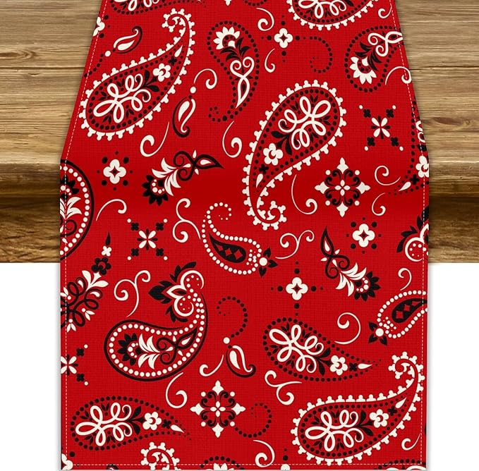 Paisley Table Runner, Boho Vintage Western Red Paisley Flower Print Table Runner for Kitchen Dining Table Wedding Holiday Party Decor, 13x90inch