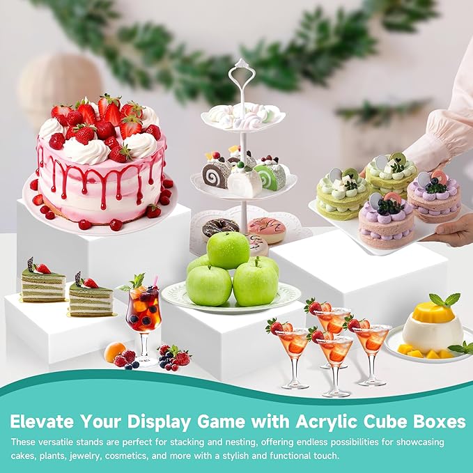 6Pcs Buffet Risers,Food Risers for Buffet Table Display Stand Shelf for Party Catering Dessert Jewelry Collectibles Acrylic Cube Boxes Display Nesting Risers (White-L(5,6,7,8,9,10))