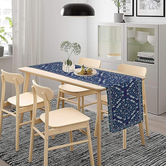 Boho Floral Vintage Table Runner, Retro Morris Abstract Blue Flower Rustic Country Farmhouse Pattern for Home Kitchen Table Decor Dining Coffee Room Wedding Party Decor 13x72in