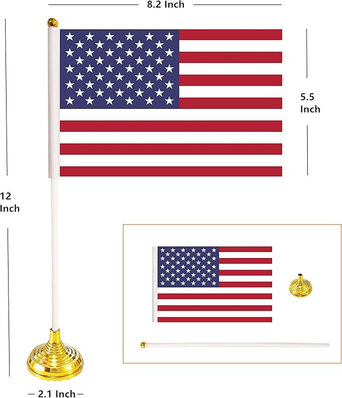 12 Pack USA US Desk Flags,Small Mini American Deluxe Table Flags Set with Stand Base，8.2 x 5.5 inches Miniature Desktop Flag