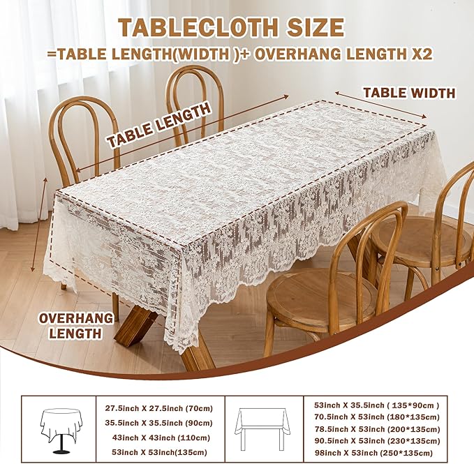 Lace Embroidered Tablecloth. Rectangle Lace Vintage Tablecloth Dustproof Table Protector for Kitchen Dining Room Party Banquet Home Picnic Wedding Decoration (Creamy White 98×53 inch)