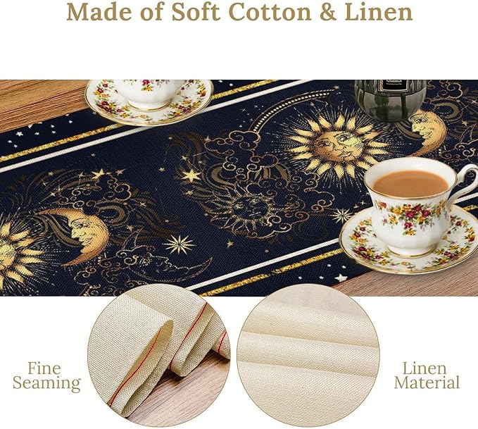 Sun Moon Table Runner, Seasonal Golden Sun Moon Holiday Kitchen Dining Table Runner for Kitchen Living Room Home Party Decor 13x108 Inch