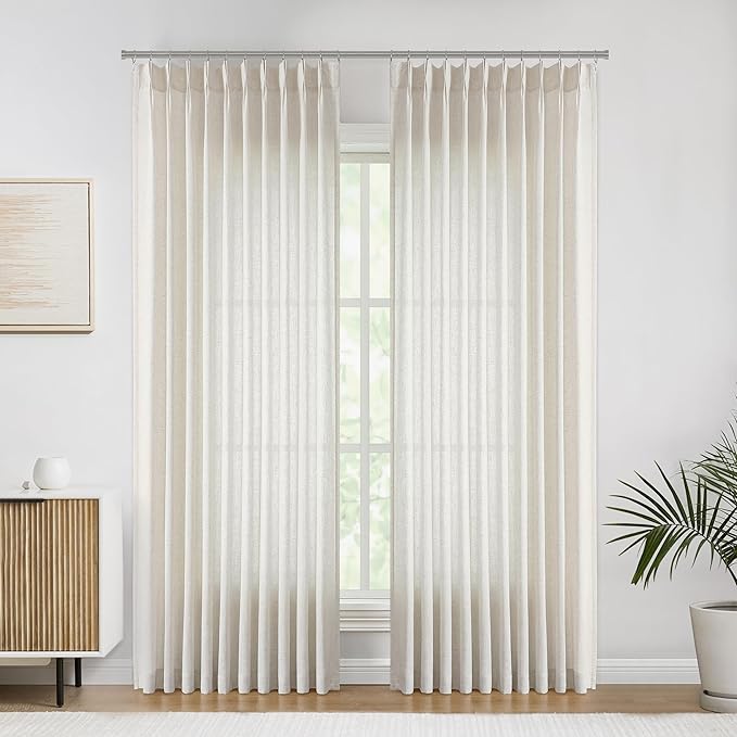 Vision Home Natural Pinch Pleated Semi Sheer Curtains Textured Linen Blended Light Filtering Window Curtains 95 inch for Living Room Bedroom Patio Pinch Pleat Drapes with Hooks 1 Panel 60" Wx95 L