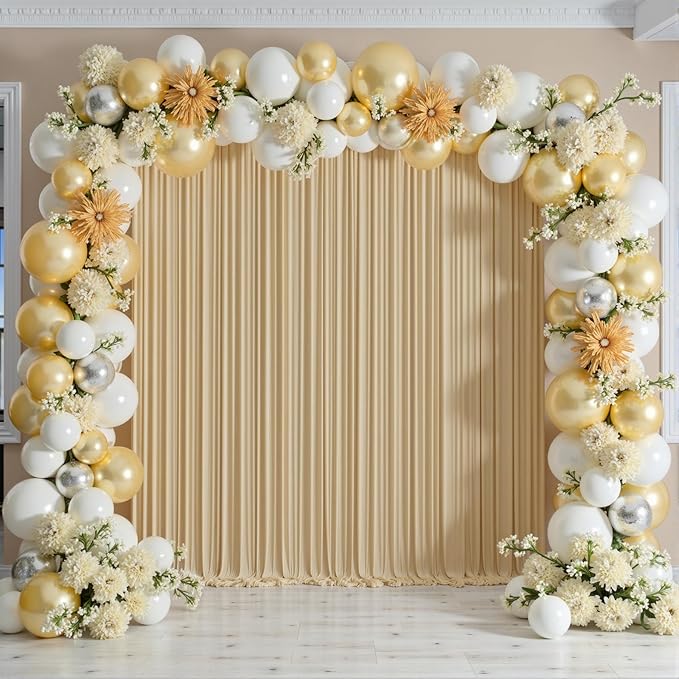10ftx12ft Wrinkle Free Beige Backdrop Curtain, 2 Panels 12FT Height Beige Wedding Backdrop Drapes, Silky Polyester Back Drop Cloth for Birthday Photography Background Party Backdrop Draping