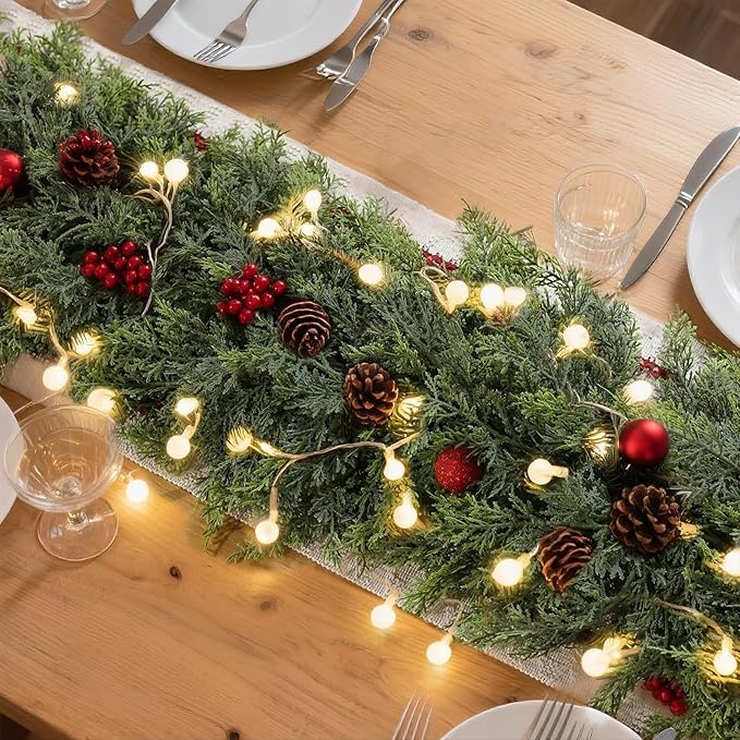 Christmas Cedar Garland - 9ft Artificial Cedar Garland Faux Lush Green Fake Pine Needles for Fireplace,Table,Window,Stairs,Mante,Holiday Indoor Outdoor Xmas Decor(2PCS)