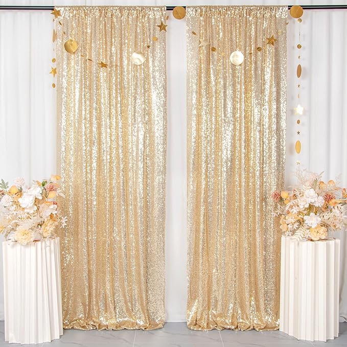 ShinyBeauty Sequin Backdrops 4 Panels Light Gold Sequin Curtains Photo Backdrop Shimmer Background for Baby Shower Champagne Golden Curtain Wedding Birthday Party Decor(2Ftx8Ft)