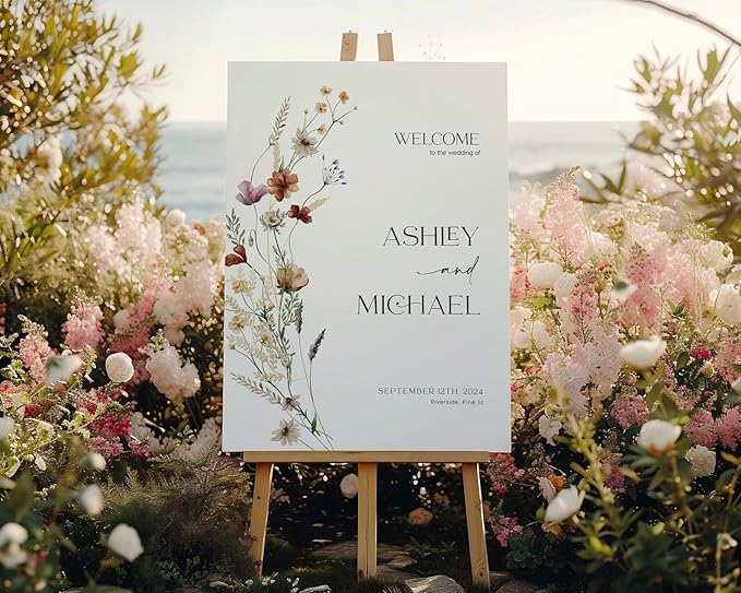 Welcome Wedding Sign Personalized, Wildflower Wedding Sign Decorations Signage 12" X 18" (Small), 27" (Medium), 36" (Large), Plastic, Modern, Pole Mount, Weather