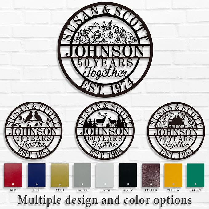Custom 50th/40th/60th/70th/30th/1-99 Years Wedding Anniversary Sign Gifts for Couples Parents, Custom Metal Monogram Sign Personalized Family Name Signs (Flowers)