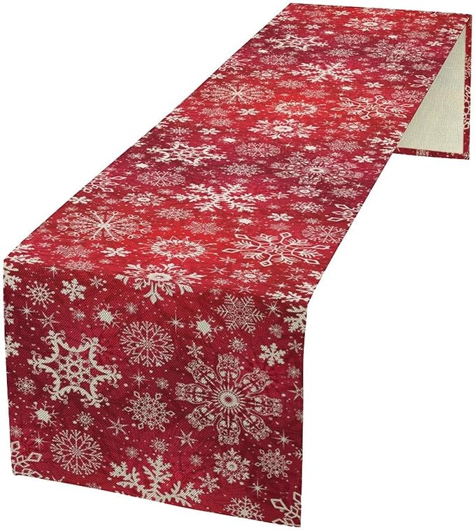 Snowflakes Christmas Table Runner, Winter Holiday Red Table Cloth Kitchen Dining Table Decoration for Home Party Decor 13x70 Inch