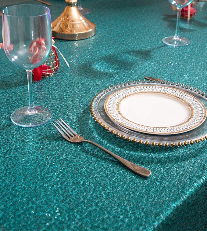 SquarePie Sequin Tablecloth Rectangular 60 x 102 Inch Teal Reflect Lights Bling Sparkly Table Linen for Wedding Party