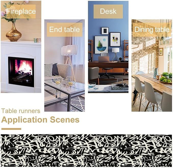 Graffiti Table Runner,Black White Abstract Messy Art Theme Pattern Print Tablecloth Burlap for Hotel Indoors Outdoor Dining Room Kitchen Home Decor,W13X L70 in