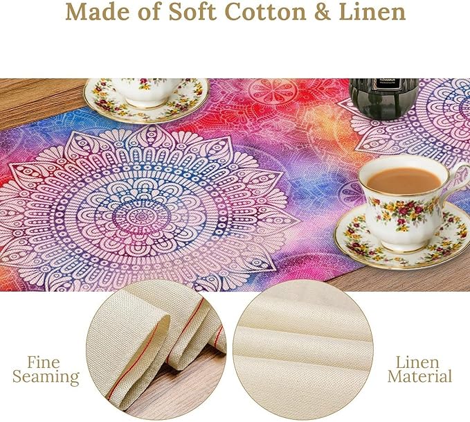 Vintage Mandala Table Runner, Bohemian Indian Purple Starry Colorful Floral Print Table Runner for Home Kitchen Dining Table Party Decor, 13x70inch