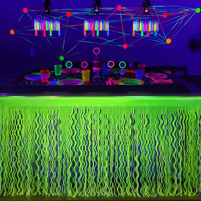 Mega-L Glow in The Dark Party Supplies, 2 Pack Neon Party Decorations Fluorescent Macaron Yellow Wavy Metallic Tinsel Foil Fringe Table Skirts, Perfect Table Decors for Glow Birthday Decor