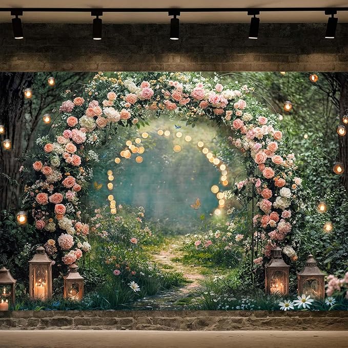 8x6ft Enchanted Forest Wedding Photography Backdrop Wonderland Roses Fairy Tale Backdrop Pink Flower Birthday Newborn Baby Shower Wedding Bridal Party Banner Photo Booth Props Anniversary Background
