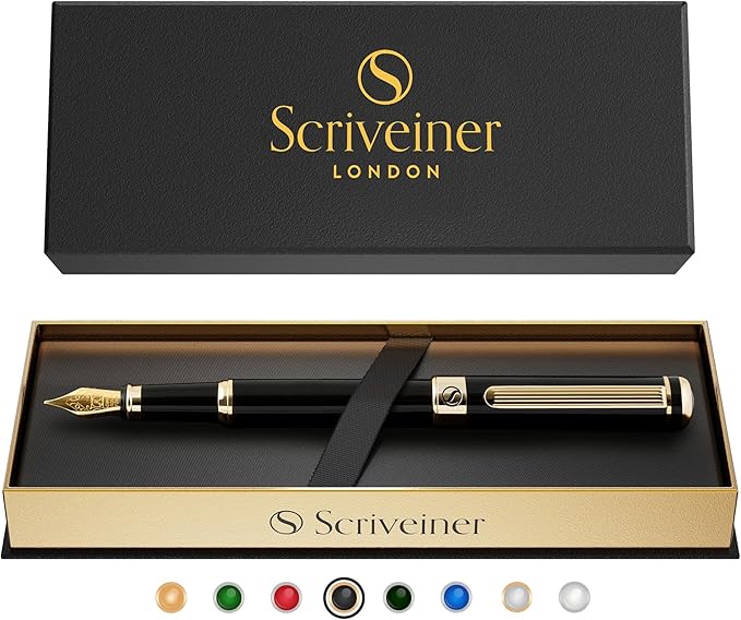 Scriveiner Black Lacquer Fountain Pen - Stunning Luxury Pen, Real Gold Finish, Schmidt Gilded Nib (Broad), Best Pen Gift Set for Men & Women, Professional, Executive, Office, Nice Pens