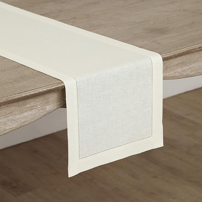 Solino Home Linen Ivory Table Runner 120 Inches Long - 100% Pure Linen 14 x 120 Inch Table Runner for Fall, Autumn, Thanksgiving, Christmas - Classic Hemstitch