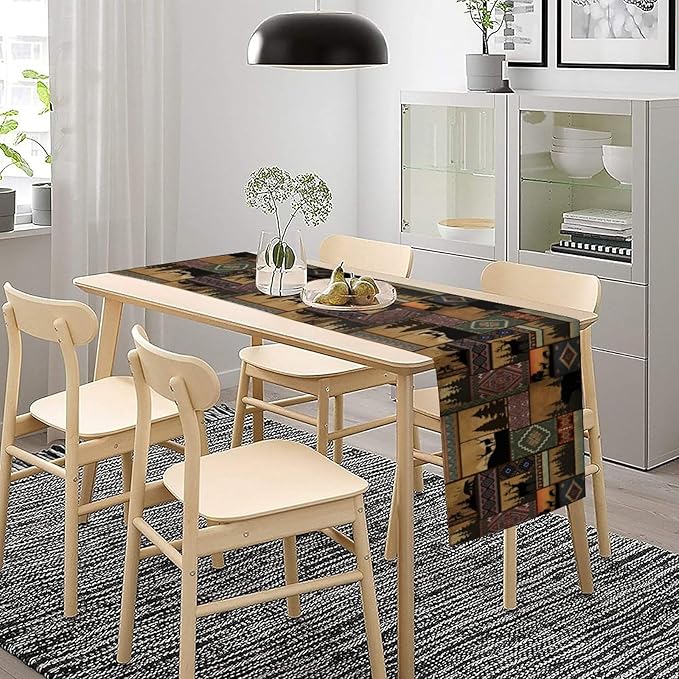 Rustic Cabin Bear Aztec Table Runner, Retro Brown Bear Rustic Theme Geometry Decoration for Home Dinner Party Living Room Bedroom Table Runner 13x70 Inch