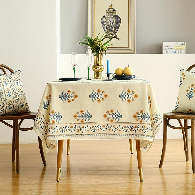 Tablecloth, Rectangular 55 x 71 Inch, Linen-Polyester Blend, Floral