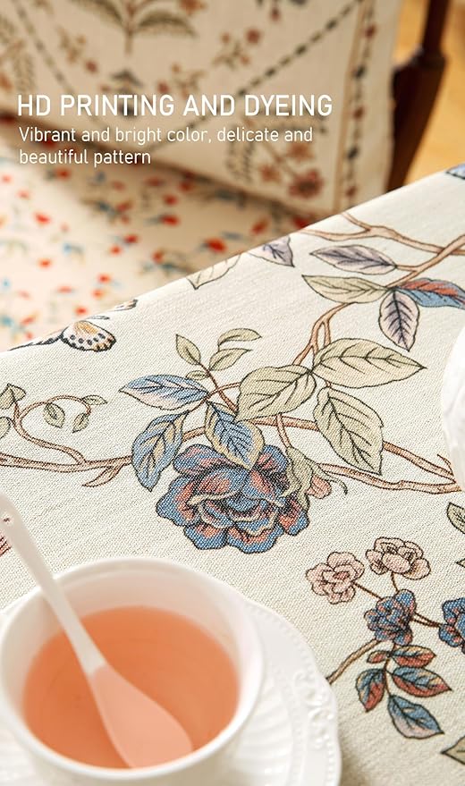 Rectangular Linen-Blend Tablecloth, 55 x 79 Inch with Floral Design