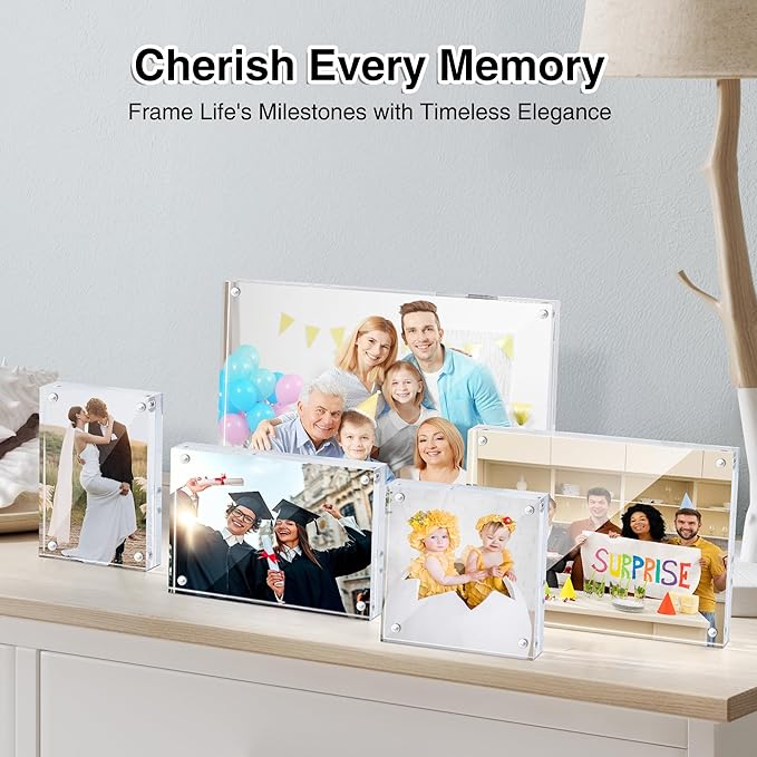 HOUSE DAY Acrylic Picture Frames 3.5x5, 3 Pack Magnetic 3.5 x 5 Picture Frame, Double Sided Clear 3.5x 5 Photo Frame with Microfiber Cloth, Frameless FreeStanding 3.5x5 Frame Gift for Desktop Display