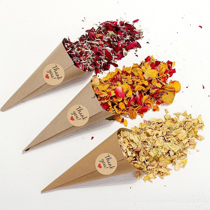 PATIKIL Dried Flower Confetti Cones, 30Pcs Paper Tapers Cone Holder with Dried Rose Petals / Sticker for Wedding Party Engagement Birthday DIY Decoration, Light Yellow/Pink