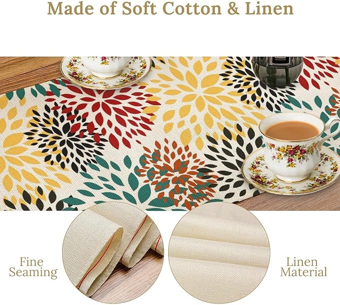 Green Red Dahlia Flower Table Runner Chrysanthemum Geometric Kitchen Dining Bedroom Living Room Table Decor for Indoor Outdoor Home Party, 13x108 Inch