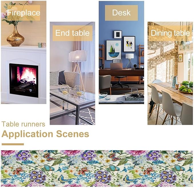 Brown Bird Floral Table Runner Spring Flower Kitchen Table Decoration Suitable for Family Dinner Decoration 13x90 Inch