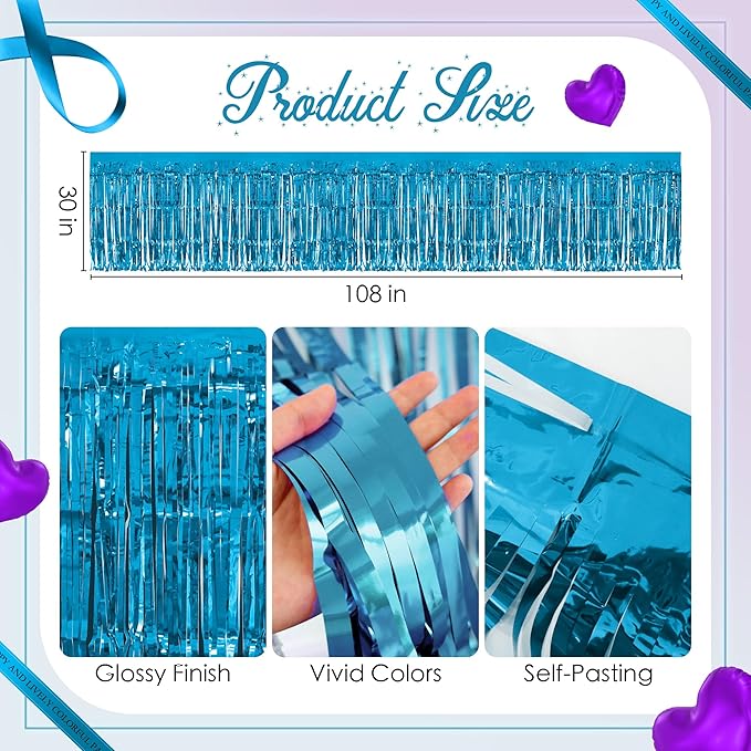2 Pack Lake Blue Dark Purple Table Skirts, 29x108" Metallic Foil Tinsel Fringe Table Skirt for Rectangle Tables Streamer Curtains Backdrop, Party Decorations for Birthdays, Weddings, Holidays