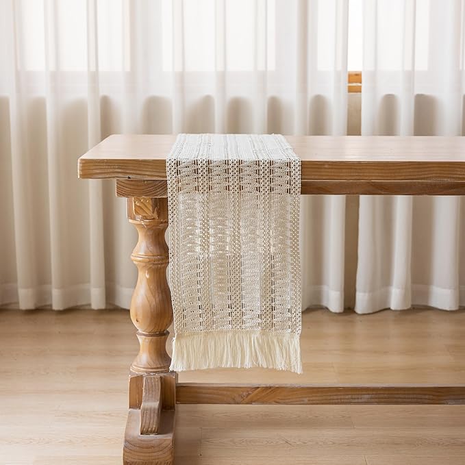 Keketo Boho Table Runner White for Home Décor 12x72 Inches Farmhouse Macrame Burlap Jute Rustic Dining Kitchen Centerpiece Bohemian Decor French Country Bridal Shower Decorations