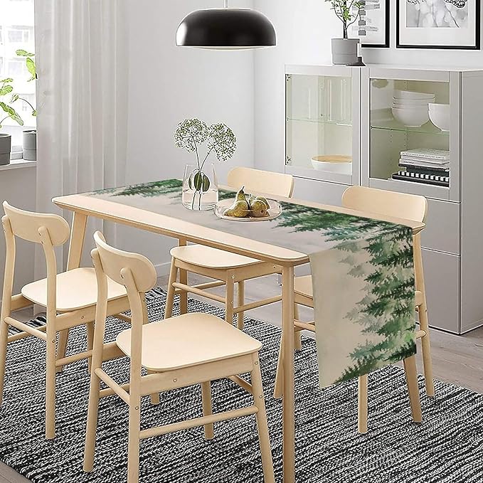 Foggy Forest Table Runner,Green Forest Natural Landscape Table Runner for Kitchen Dining Table Home Party Decoration 13x36 Inch