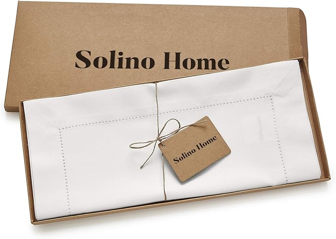 Solino Home White Table Runner 60 Inches - Cotton Linen Hemstitch Coffee Table Runner 14 x 60 Inch Ideal for Dresser Tables - Fall, Autumn, Halloween, Thanksgiving, Christmas, Holiday