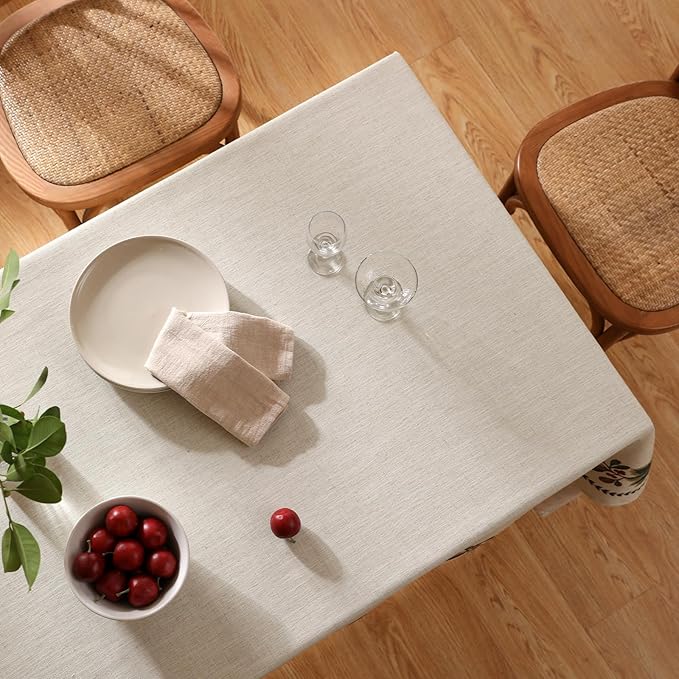 Rectangular Tablecloth 55 x 79 Inch Linen Blend Beige Floral