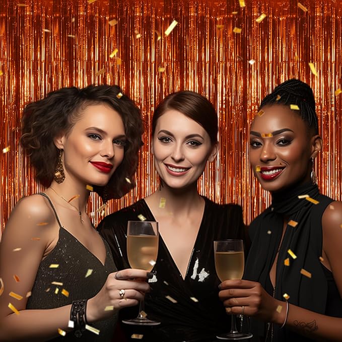 3 Pack Foil Fringe Backdrop - Bronze Shiny Tinsel Curtains for Party Decoration/Photo Booth Props - 3.3x8.2 FT Metallic Foil Backdrop for Birthday, Wedding, Graduation, Christmas.
