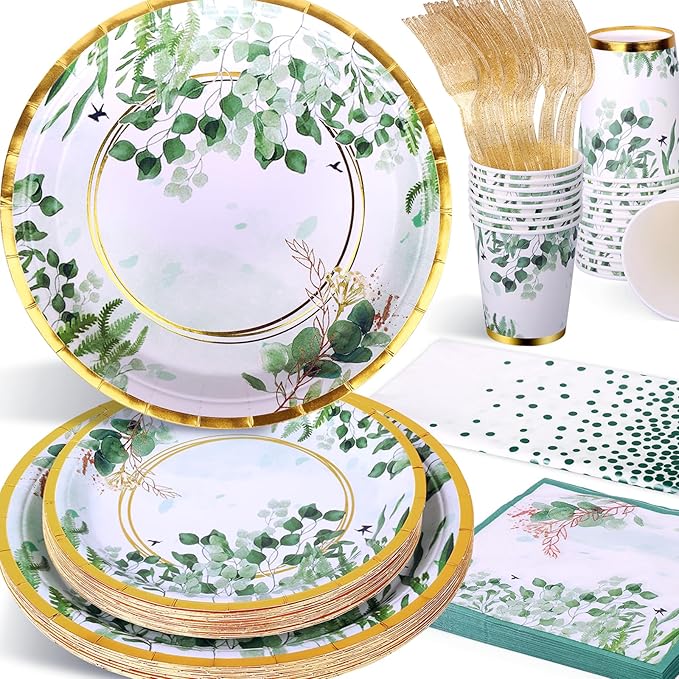 Sage Green Party Decoration, 126PCS Sage-Green Plates and Napkins Party Supplies, Spring Greenery Eucalyptus Leaves Disposable Dinnerware Decor for Wedding Birthday Baby Shower