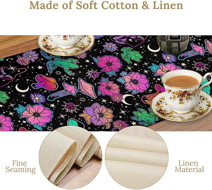 Gothic Star Moon Colorful Table Runner for Kitchen Living Room Home Party Boho Floral Table Runner 13x120 Inch