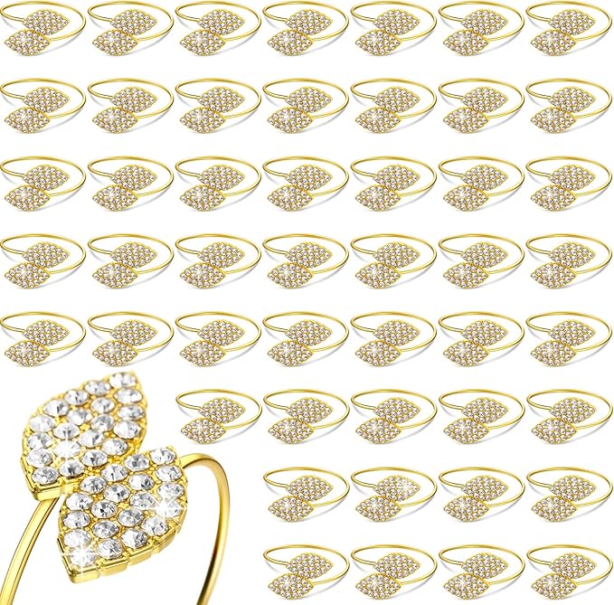 Hotop 200 Pcs Napkin Rings Gold Table Decorations, Elegant Bling Leaves Napkin Rings, Rhinestone Guest Towels Buckle for Wedding Gold Party, Thanksgiving Christmas Dinner Banquet Table Decoration