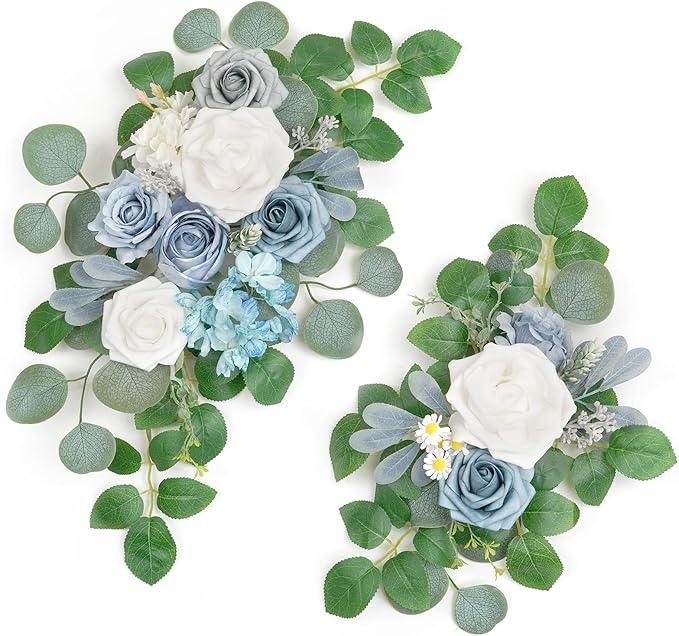 Artificial Flowers Arch Decor, Sky Blue Silk and Foam, Set of 2